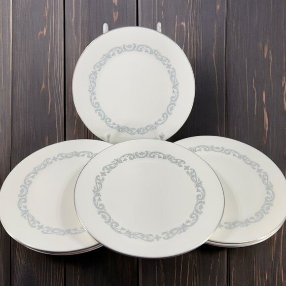 Minton Silver Scroll Pattern Round Porcelain Dish Plate Set 6 Made In England - Picture 1 of 14
